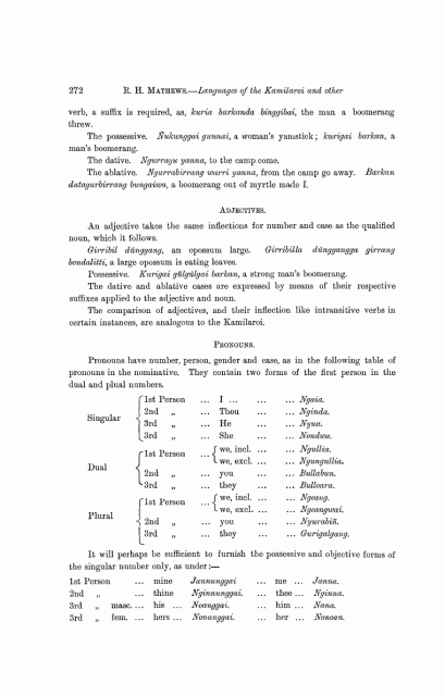 R.H. Mathews publishes Darkinung Language 1903, Adjectives and Pronouns p272